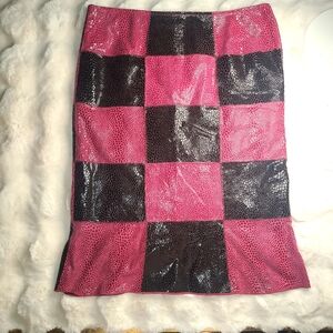 Anji Flint Pink and Black Leather Patchwork Pencil Skirt